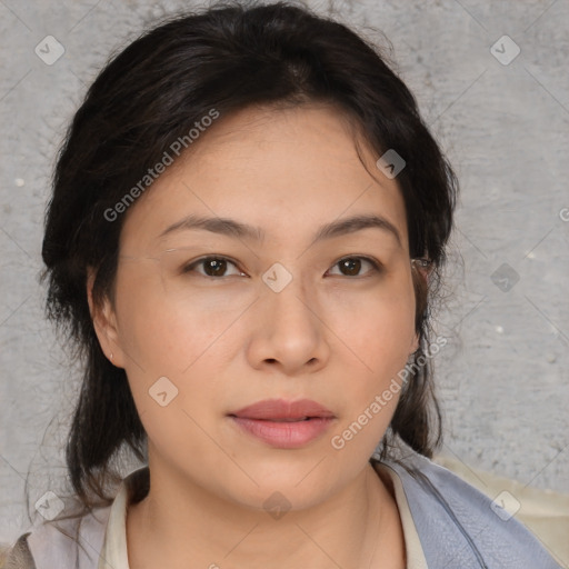 Neutral asian young-adult female with medium  brown hair and brown eyes