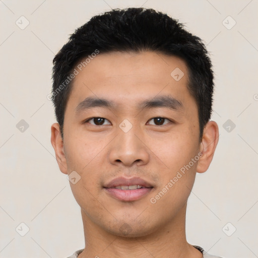 Neutral asian young-adult male with short  black hair and brown eyes