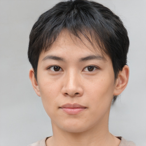 Neutral asian young-adult male with short  brown hair and brown eyes