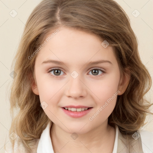 Joyful white child female with medium  brown hair and brown eyes