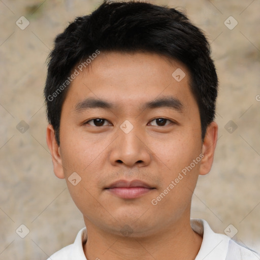 Neutral asian young-adult male with short  black hair and brown eyes