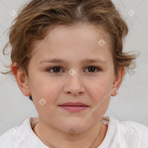 Joyful white child female with short  brown hair and brown eyes