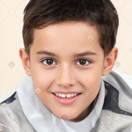 Joyful white child male with short  brown hair and brown eyes