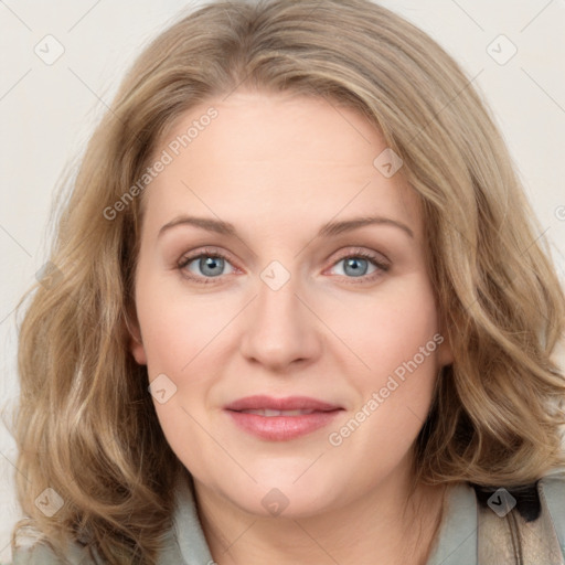 Joyful white young-adult female with medium  brown hair and blue eyes