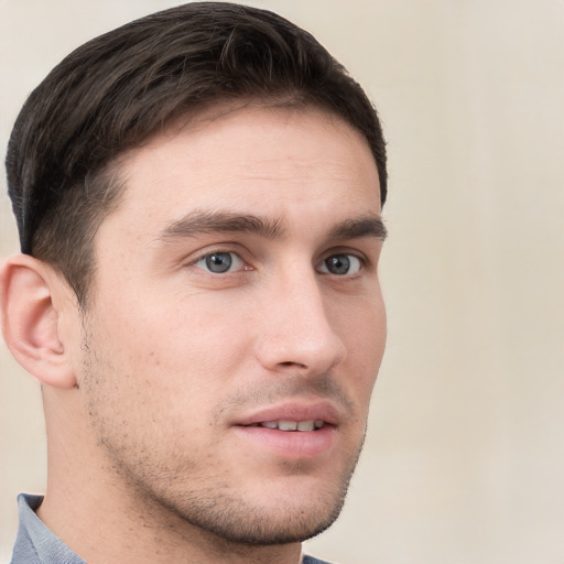 Neutral white young-adult male with short  brown hair and grey eyes