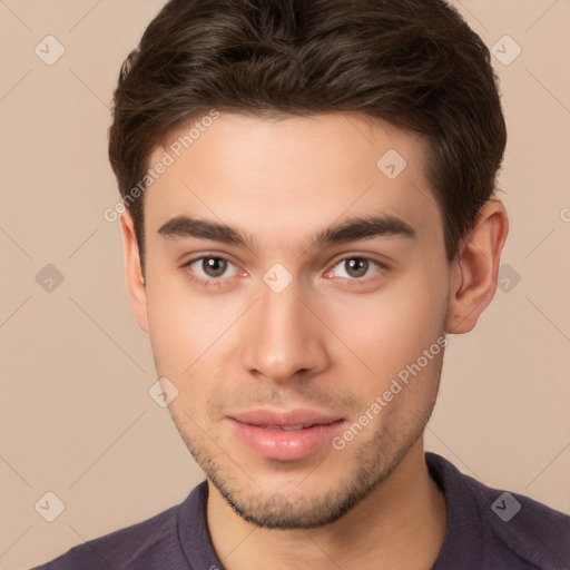 Neutral white young-adult male with short  brown hair and brown eyes