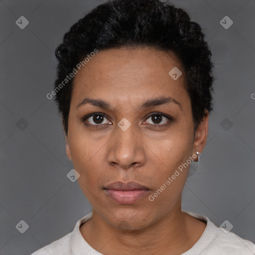 Neutral black young-adult female with short  black hair and brown eyes