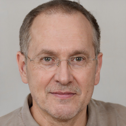 Joyful white middle-aged male with short  brown hair and brown eyes