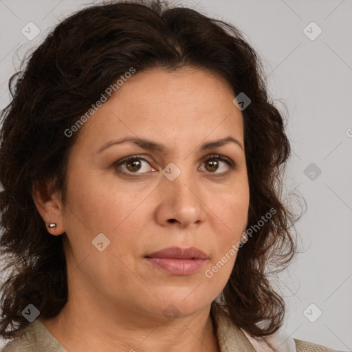 Neutral white adult female with medium  brown hair and brown eyes