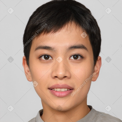 Joyful asian young-adult male with short  black hair and brown eyes