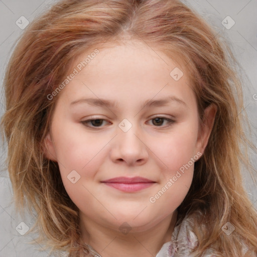 Joyful white child female with medium  brown hair and brown eyes