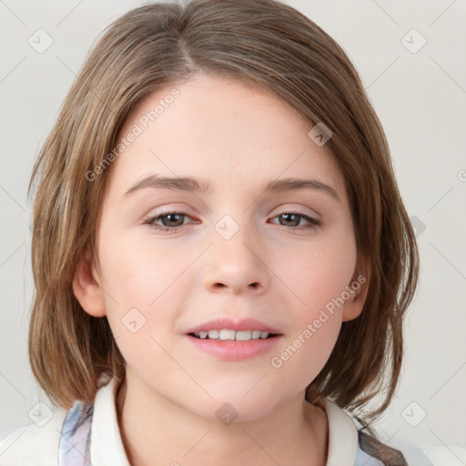 Joyful white child female with medium  brown hair and brown eyes