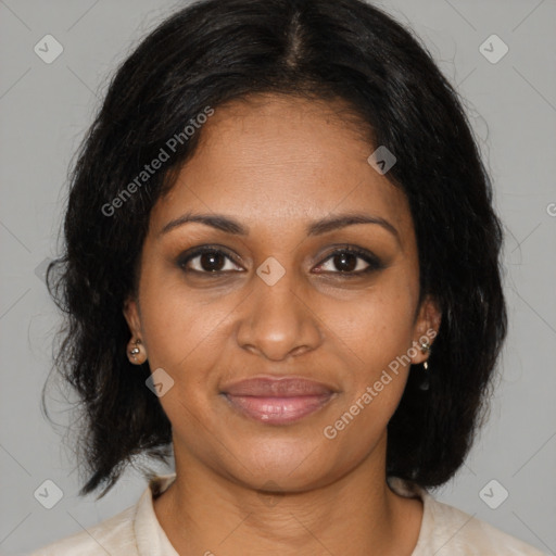 Joyful black young-adult female with medium  brown hair and brown eyes