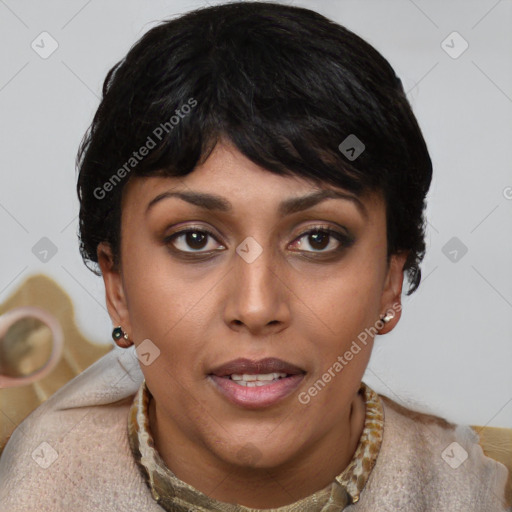 Joyful latino young-adult female with short  brown hair and brown eyes