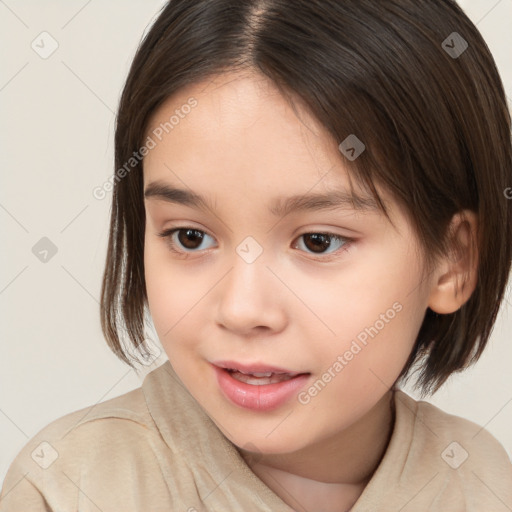 Joyful white child female with medium  brown hair and brown eyes