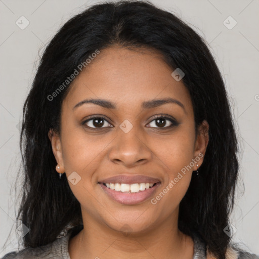 Joyful black young-adult female with medium  brown hair and brown eyes