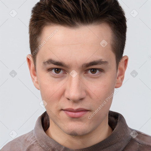 Neutral white young-adult male with short  brown hair and grey eyes