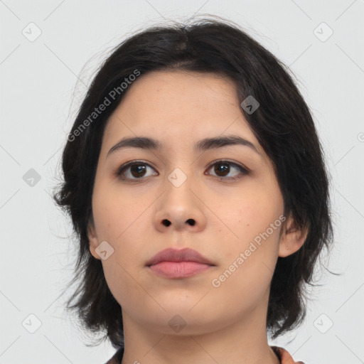 Neutral asian young-adult female with medium  brown hair and brown eyes