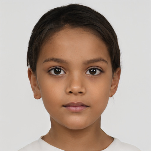 Neutral latino child female with short  brown hair and brown eyes