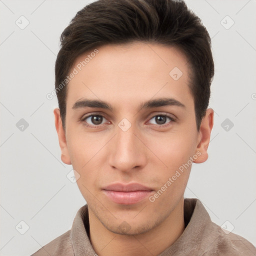 Neutral white young-adult male with short  brown hair and brown eyes