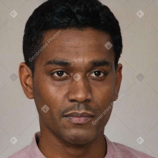 Neutral black young-adult male with short  black hair and brown eyes