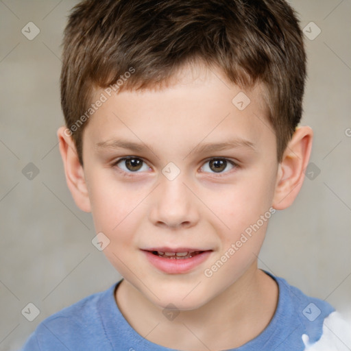 Joyful white child male with short  brown hair and brown eyes