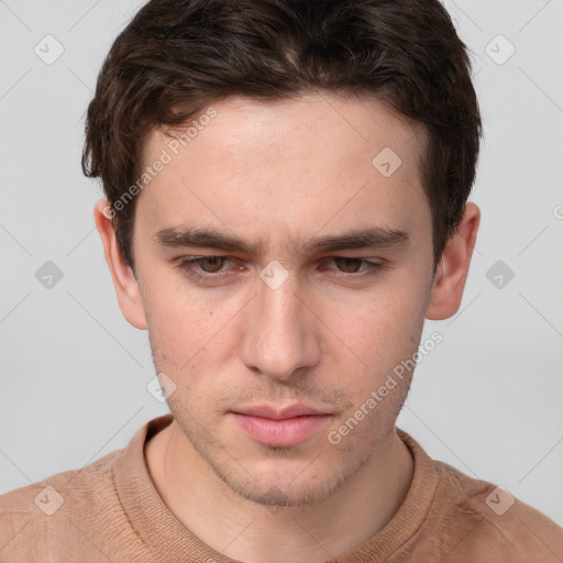 Neutral white young-adult male with short  brown hair and grey eyes