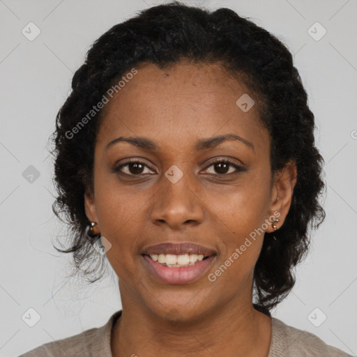 Joyful black young-adult female with medium  black hair and brown eyes