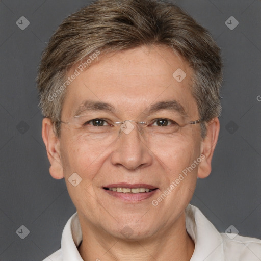 Joyful white middle-aged male with short  brown hair and brown eyes