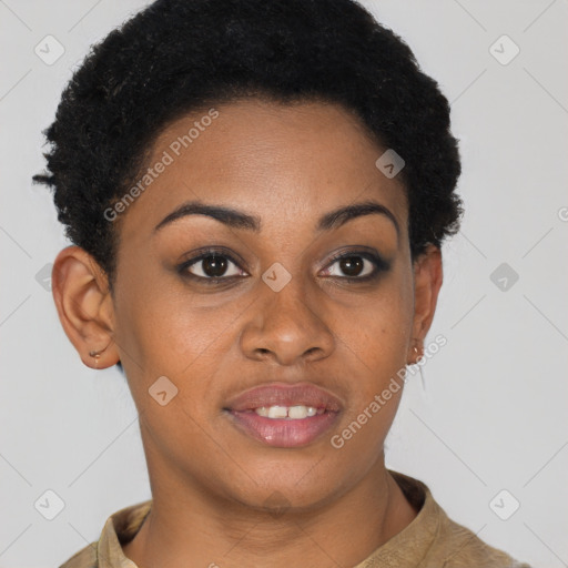 Joyful black young-adult female with short  brown hair and brown eyes