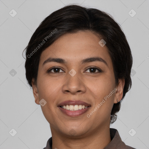 Joyful white young-adult female with medium  brown hair and brown eyes