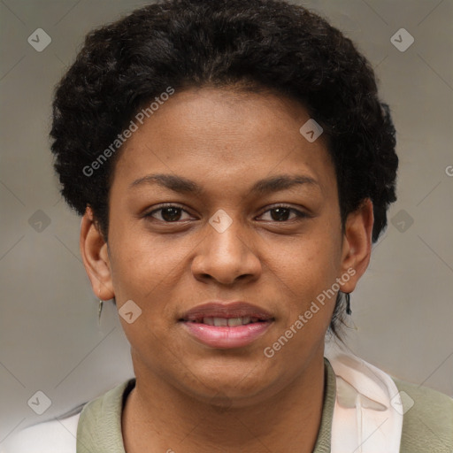 Joyful black young-adult female with short  brown hair and brown eyes