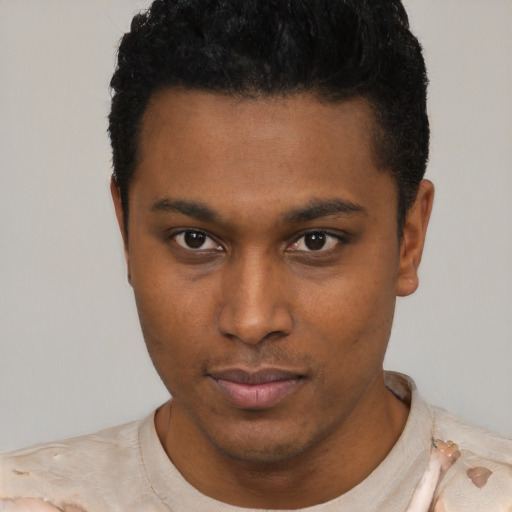 Neutral latino young-adult male with short  brown hair and brown eyes