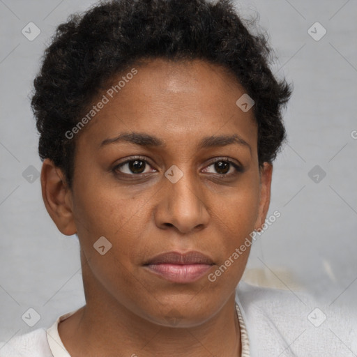 Neutral black young-adult female with short  brown hair and brown eyes