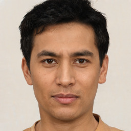 Neutral asian young-adult male with short  black hair and brown eyes