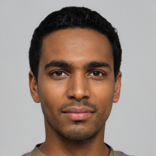 Neutral black young-adult male with short  black hair and brown eyes