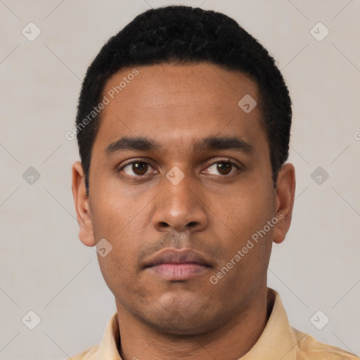 Neutral latino young-adult male with short  black hair and brown eyes