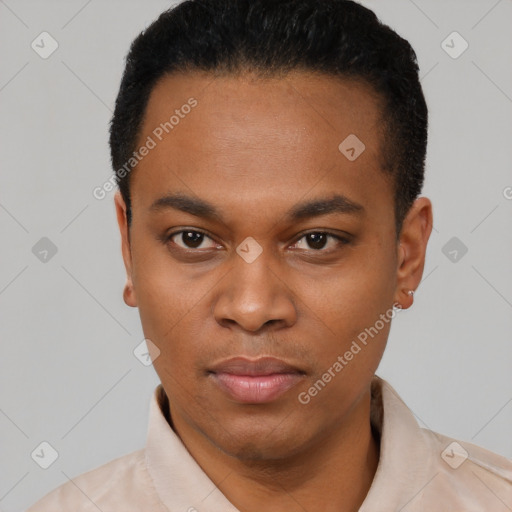 Neutral black young-adult male with short  black hair and brown eyes