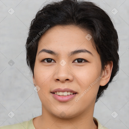 Joyful asian young-adult female with short  brown hair and brown eyes