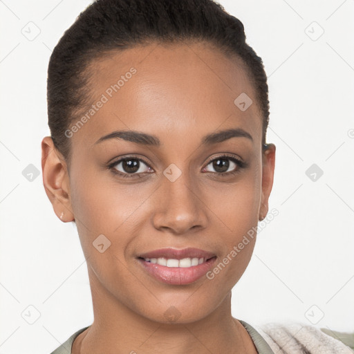 Joyful white young-adult female with short  brown hair and brown eyes