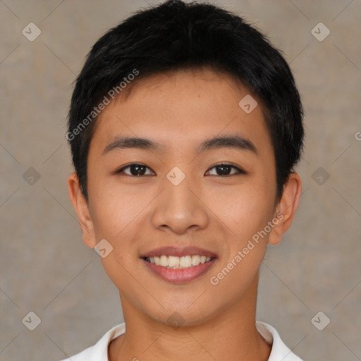 Joyful asian young-adult male with short  brown hair and brown eyes