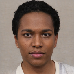 Neutral black young-adult male with short  black hair and brown eyes