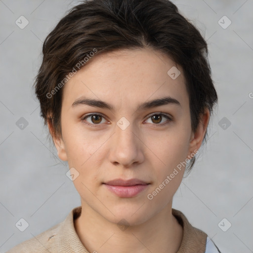 Neutral white young-adult female with medium  brown hair and brown eyes