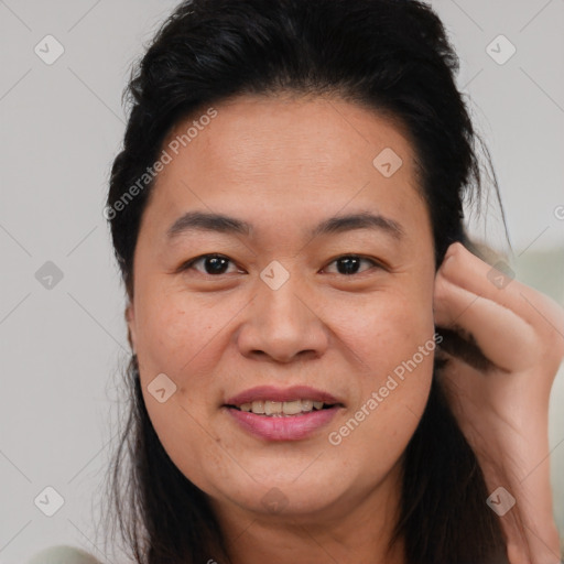 Joyful white young-adult female with long  brown hair and brown eyes