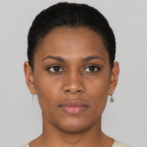 Neutral black young-adult female with short  brown hair and brown eyes