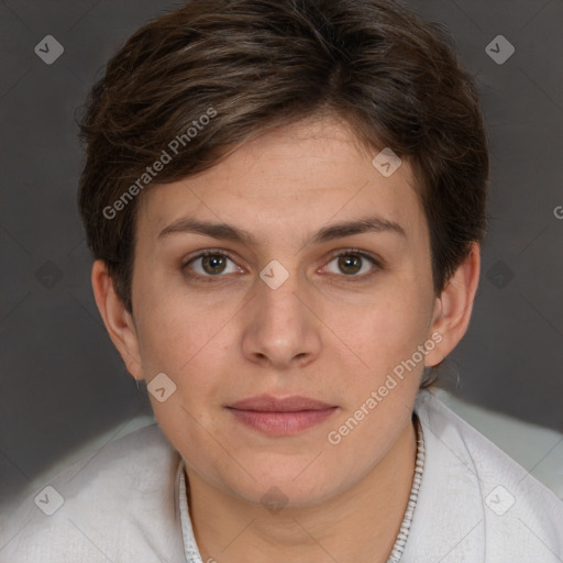 Joyful white young-adult female with short  brown hair and brown eyes