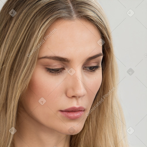 Neutral white young-adult female with long  brown hair and brown eyes