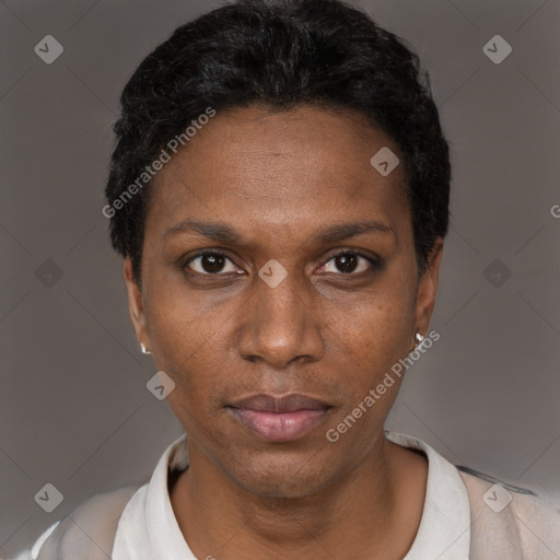 Neutral black adult female with short  black hair and brown eyes