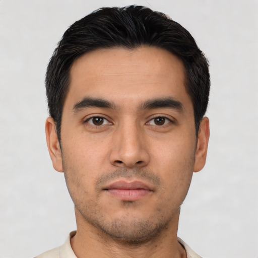 Neutral asian young-adult male with short  black hair and brown eyes