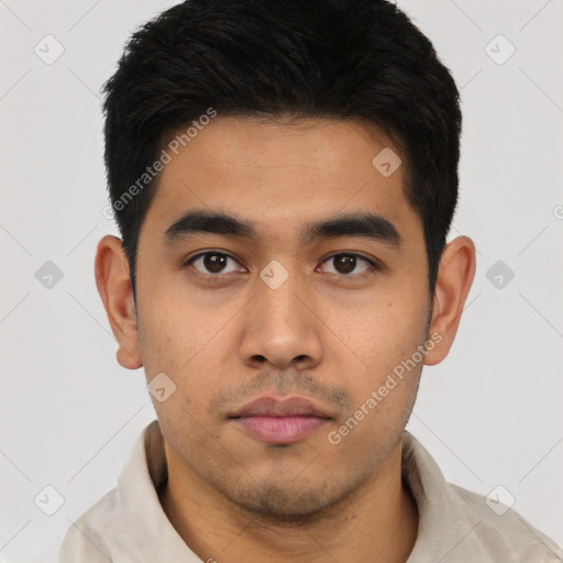 Neutral asian young-adult male with short  black hair and brown eyes